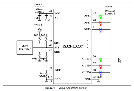 Application Circuit Diagram - Lumissil IS32FL3237 36-Channel LED Driver
